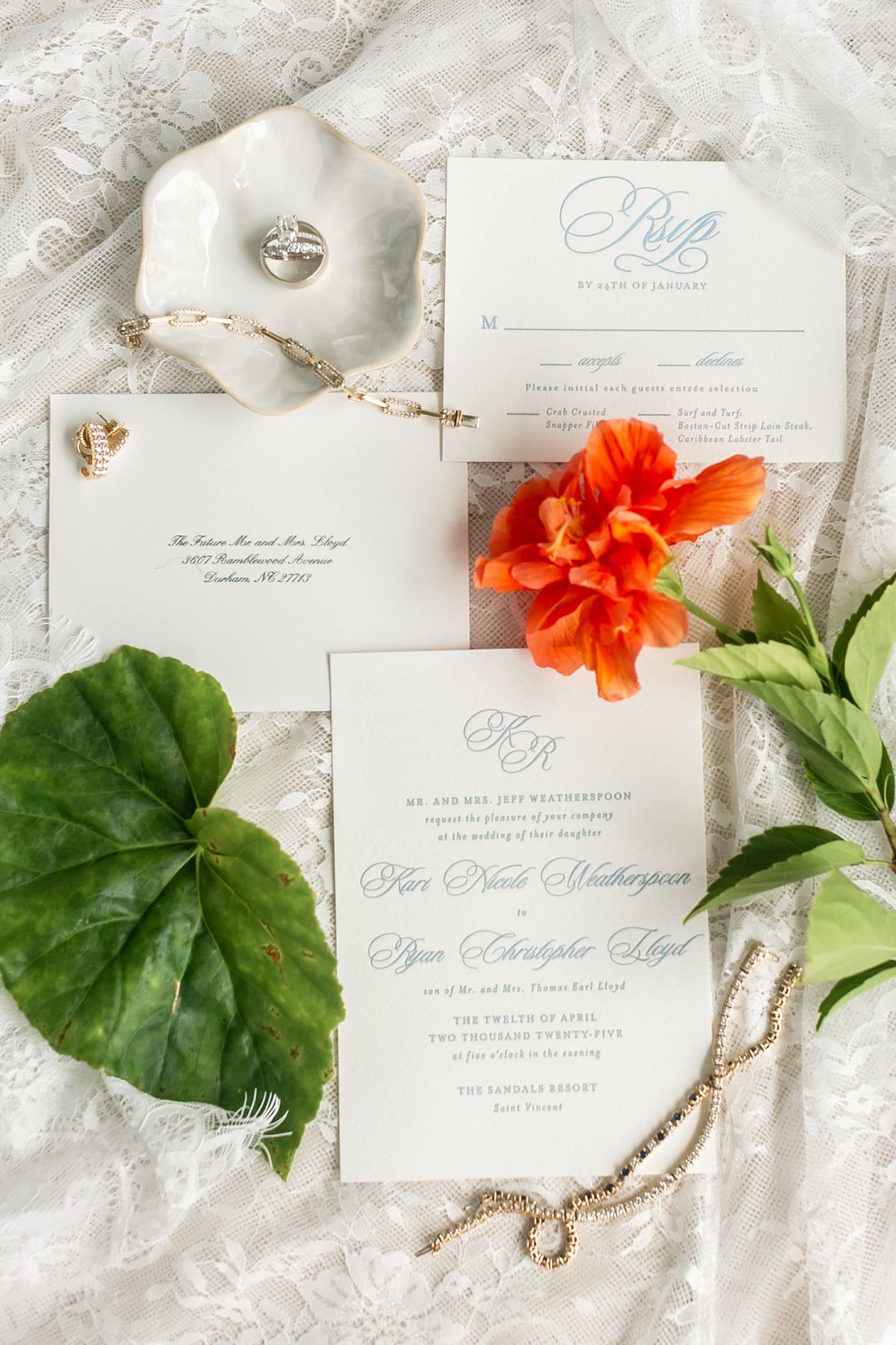 Formal wedding invitation and RSVP card with tropical accents and bridal accessories