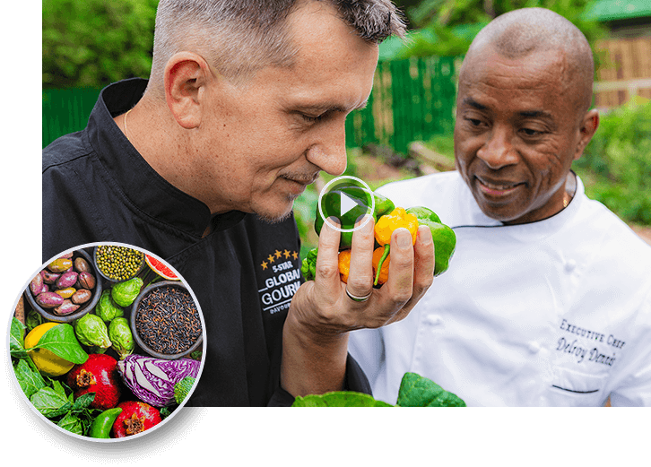 Chefs at the farm inspecting vegetables play video