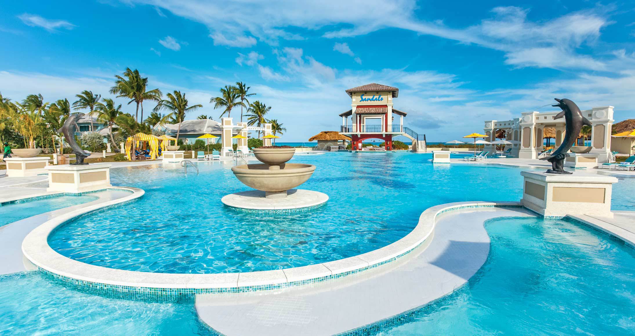 Sandals Emerald Bay Luxury Resort In The Bahamas Sandals   Pool With Dolphin Statues 