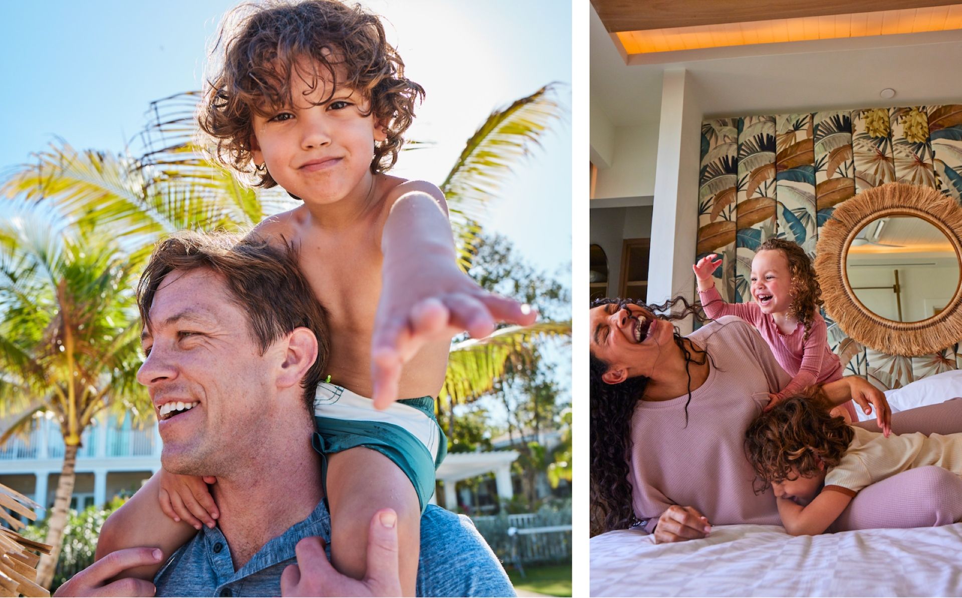 Left: Smiling father carrying his son on his shoulders under palm trees. Right: Mother laughing on a bed while playing with her two young children in a bright, tropical-themed room.