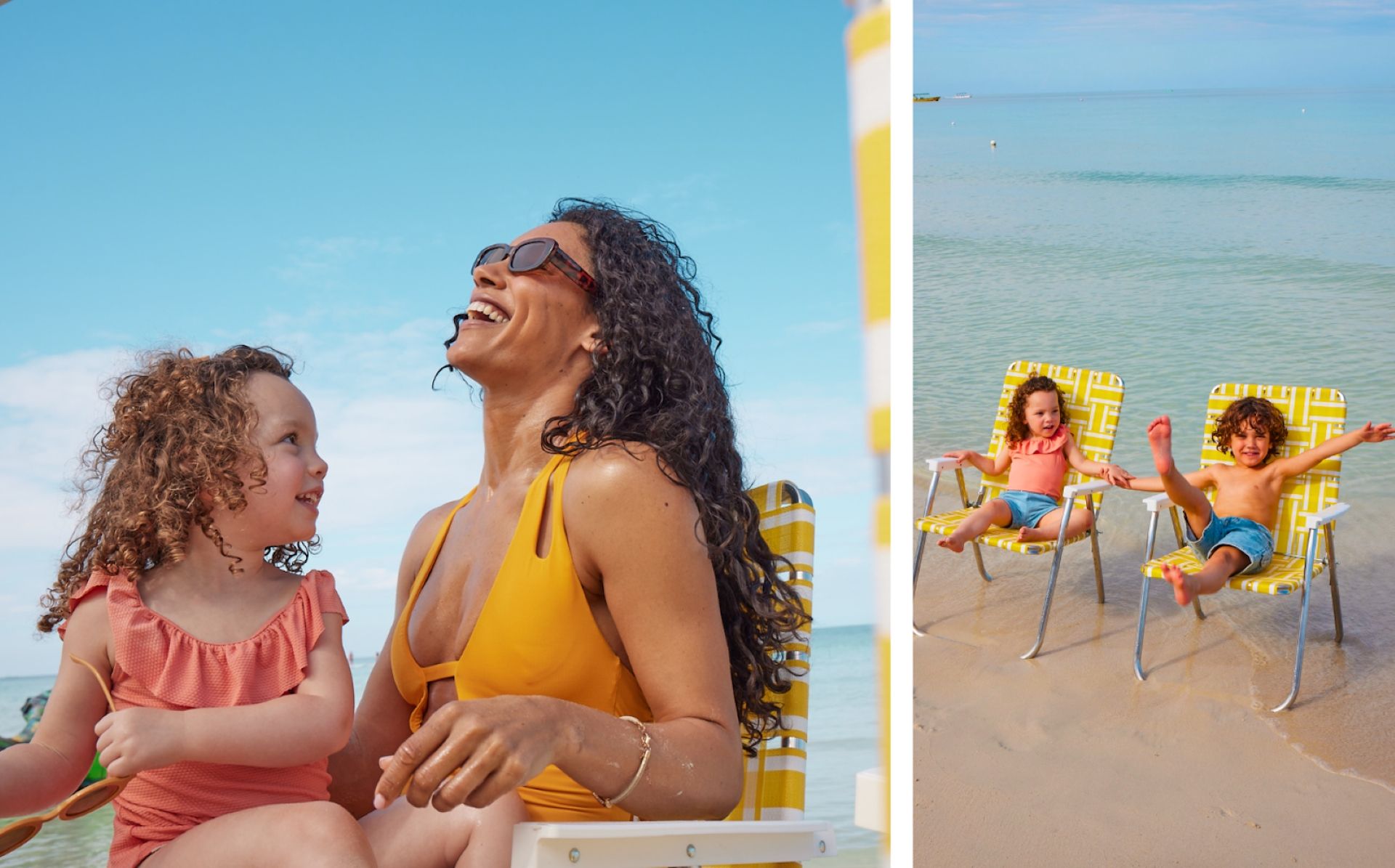 Left: Smiling mother in a yellow swimsuit laughing with her daughter on a beach chair. Right: Two children sitting in yellow beach chairs at the water’s edge, splashing and playing.
