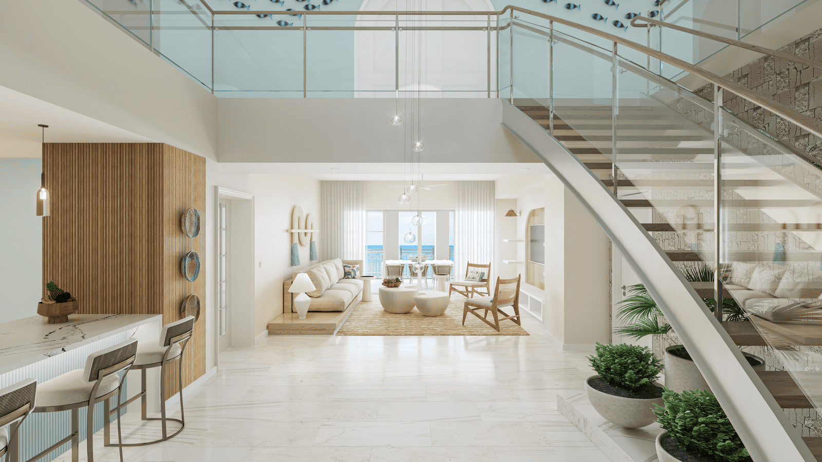 Bright, modern resort interior with a staircase, seating area, neutral décor, and large windows overlooking the ocean.