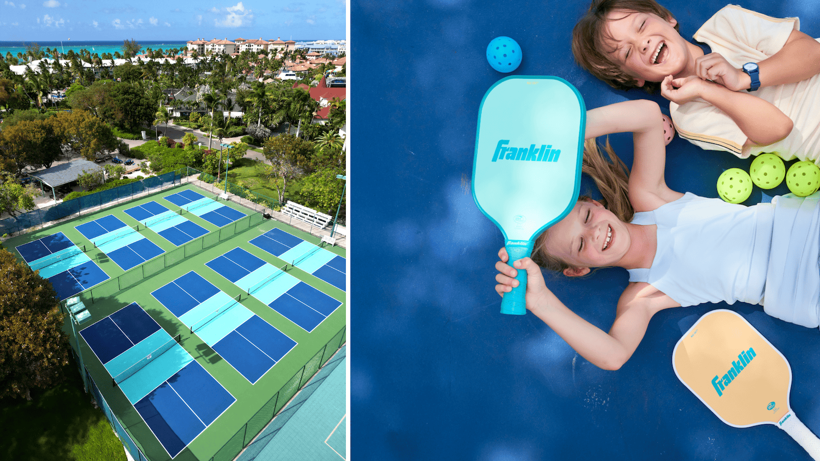 Aerial view of resort tennis courts alongside children lying on a pickleball court, laughing and holding paddles and balls.